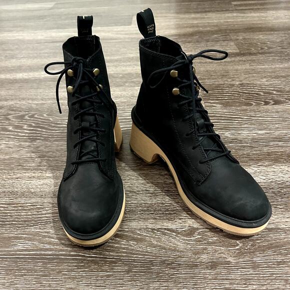 NEVER WORN Sorel Hi-Line Heel Lace Boots Black 7.5 Lug Sole Platform Chunky Heel - Picture 9 of 16